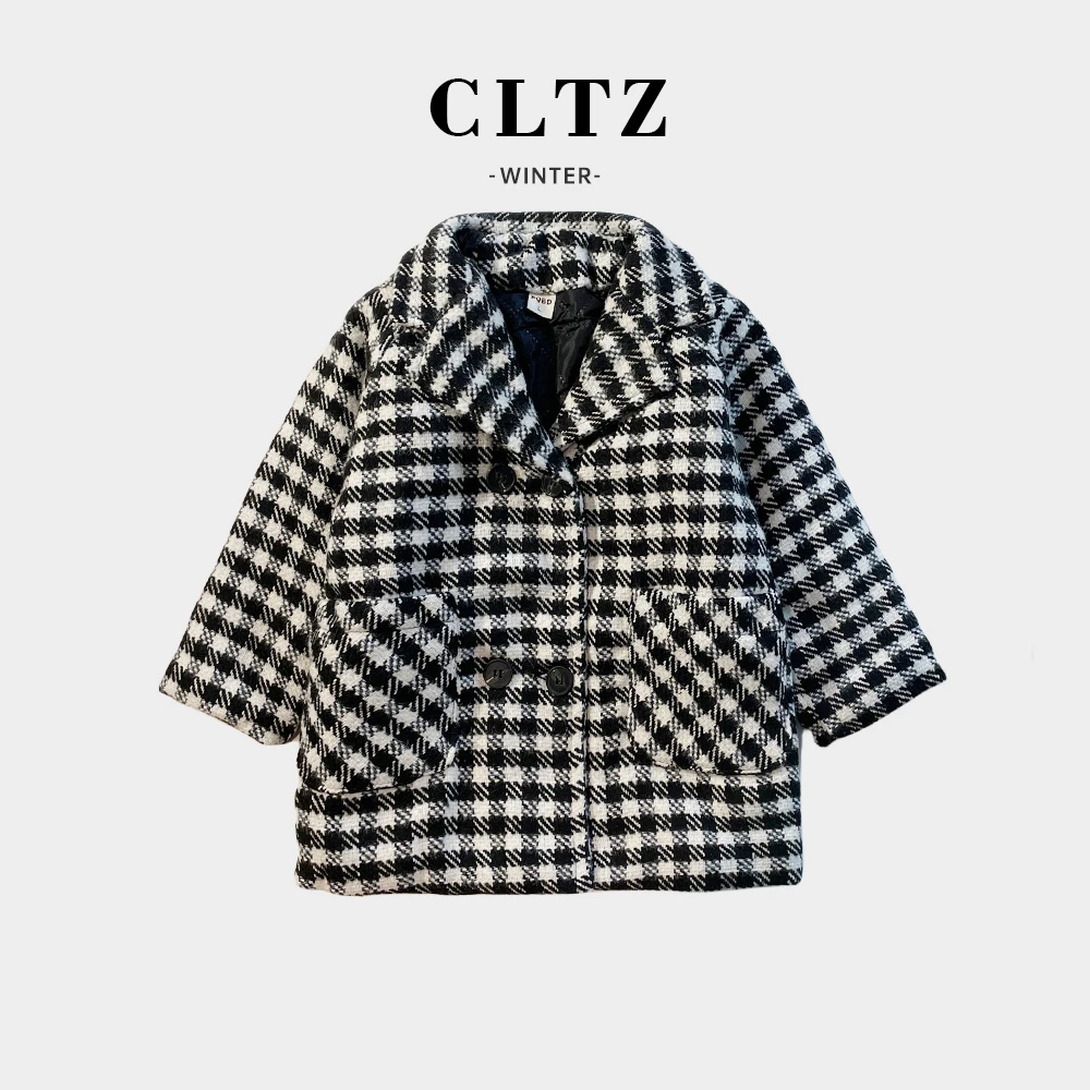 （简潮范）时髦款加厚呢子外套儿童秋冬季千鸟格中长款男童呢大衣