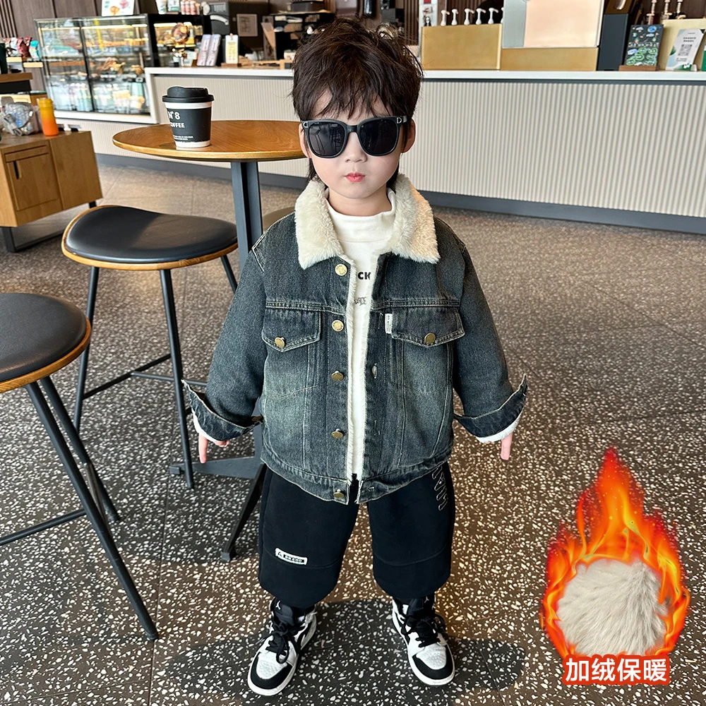 男童加绒牛仔外套秋冬装2024新款痞帅儿童装冬季男孩加厚保暖棉服