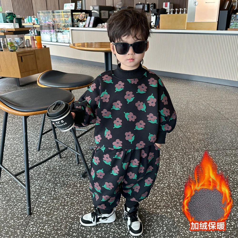 儿童秋冬装加绒套装2024新款酷帅洋气男童春秋款宝宝时髦加厚衣服