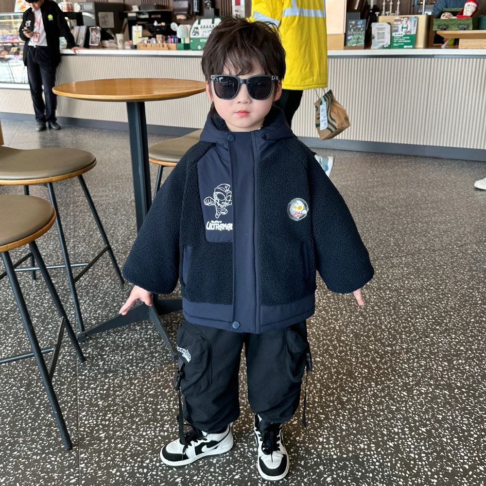 奥特曼衣服男童冬季棉衣2024新款儿童夹棉加厚宝宝保暖摇粒绒外套