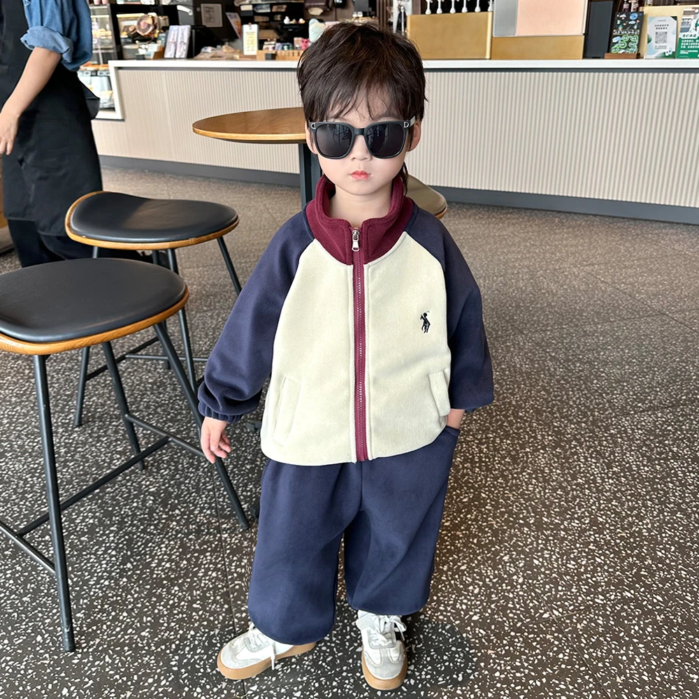 男童加绒套装2024新款儿童秋冬季洋气外套男孩冬装运动奥粒绒衣服
