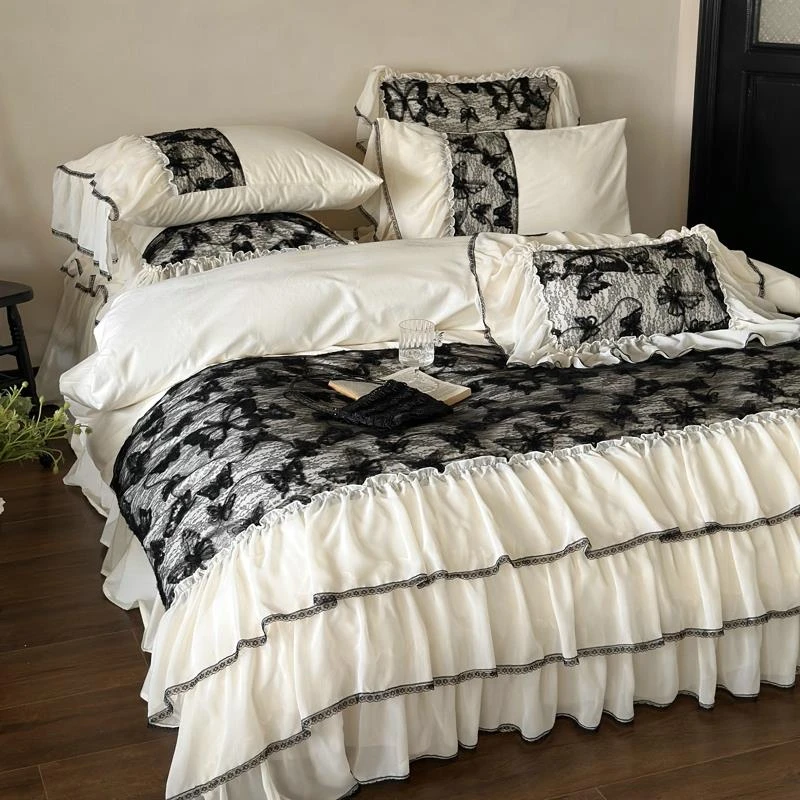 复古蝴蝶︱法式刺绣全棉公主风水洗棉床裙四件套纯棉荷叶花边被套