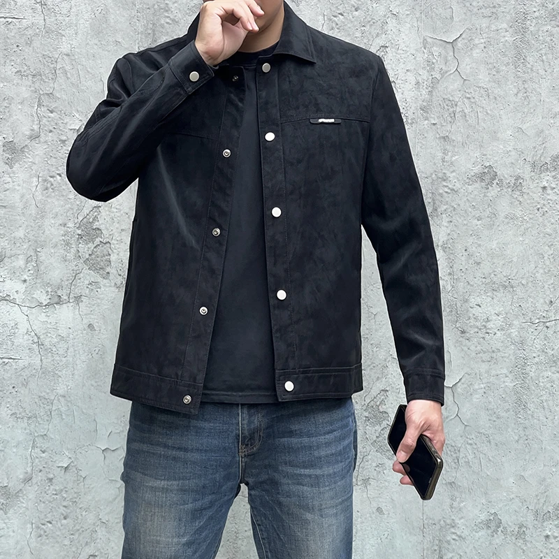 加肥加大码返潮复古春秋季翻领外套男士百搭工装休闲麂皮夹克上衣