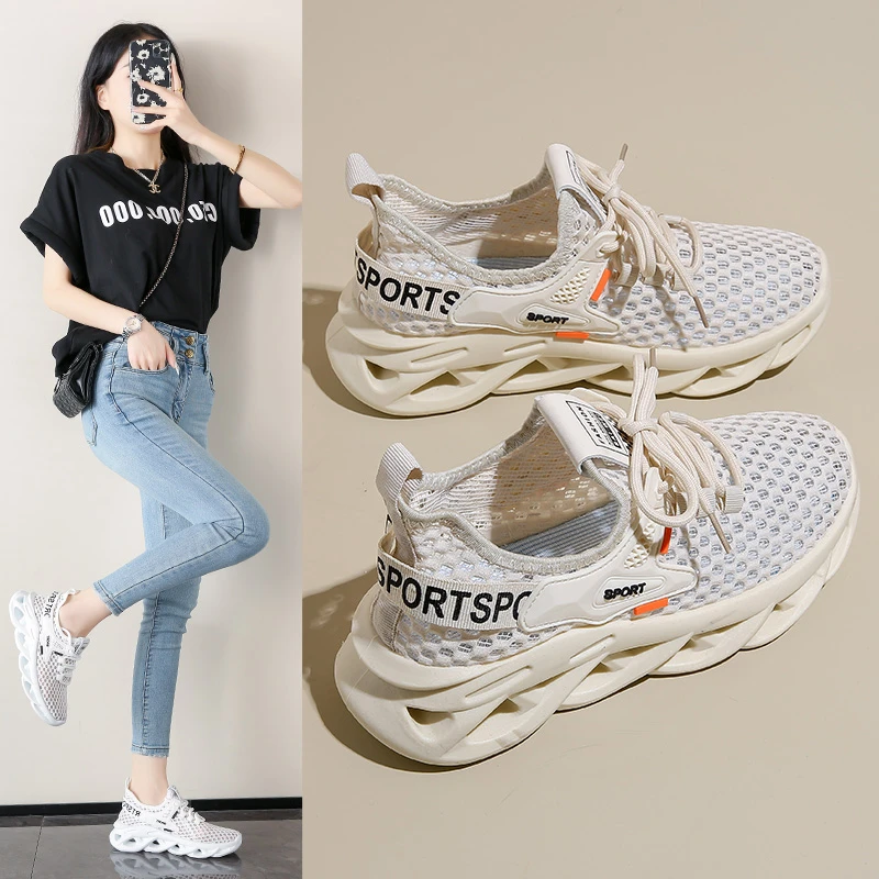 时尚厚底小白鞋女秋季2024新款网面透气鞋子小众百搭飞织鞋