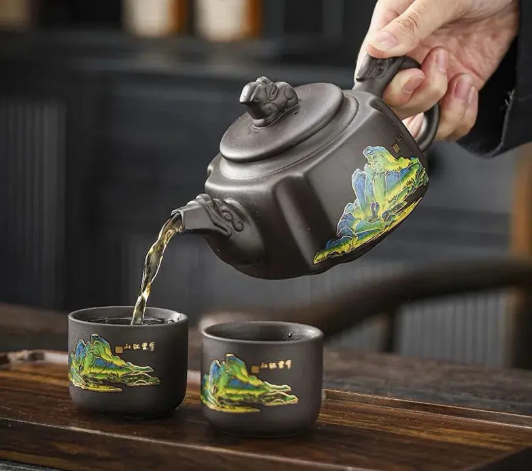 千里江山330cc四方变色紫砂壶一壶两杯（变色扳指对杯）