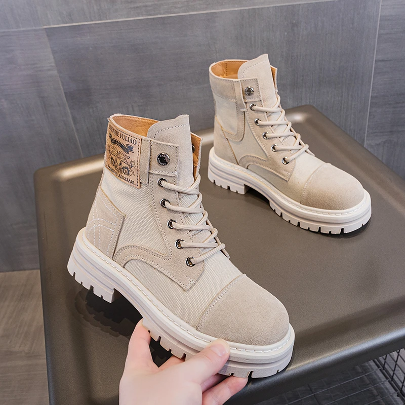 马丁靴女2024新款帆布内增高夏季薄款真皮透气复古登山沙漠大黄靴