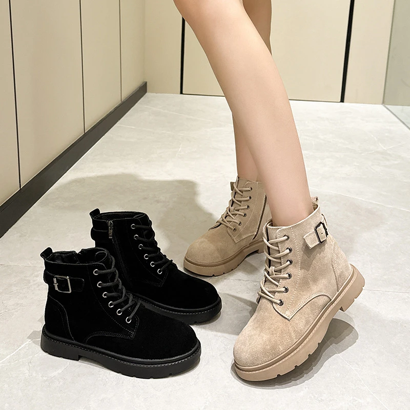 短靴厚底靴子马丁靴秋磨砂中跟复古春秋时尚冬季加绒ins侧拉链