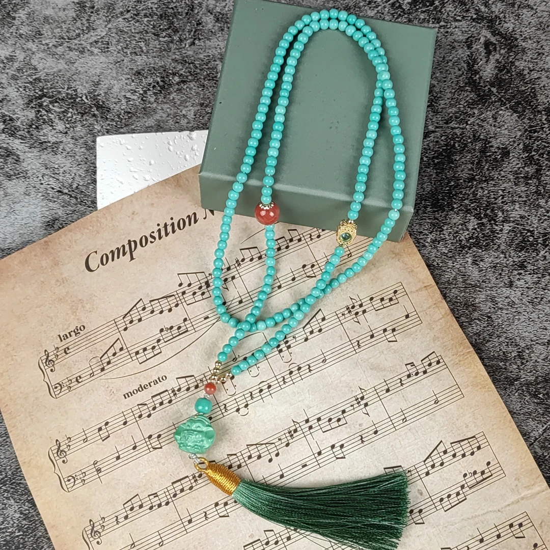 原创手工绿色吊坠搭配象神挂绳链配耳饰吊坠