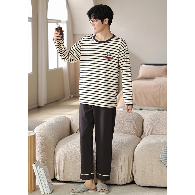 男士秋冬款纯棉睡衣套装 长袖长裤家居服套装 可居家外出