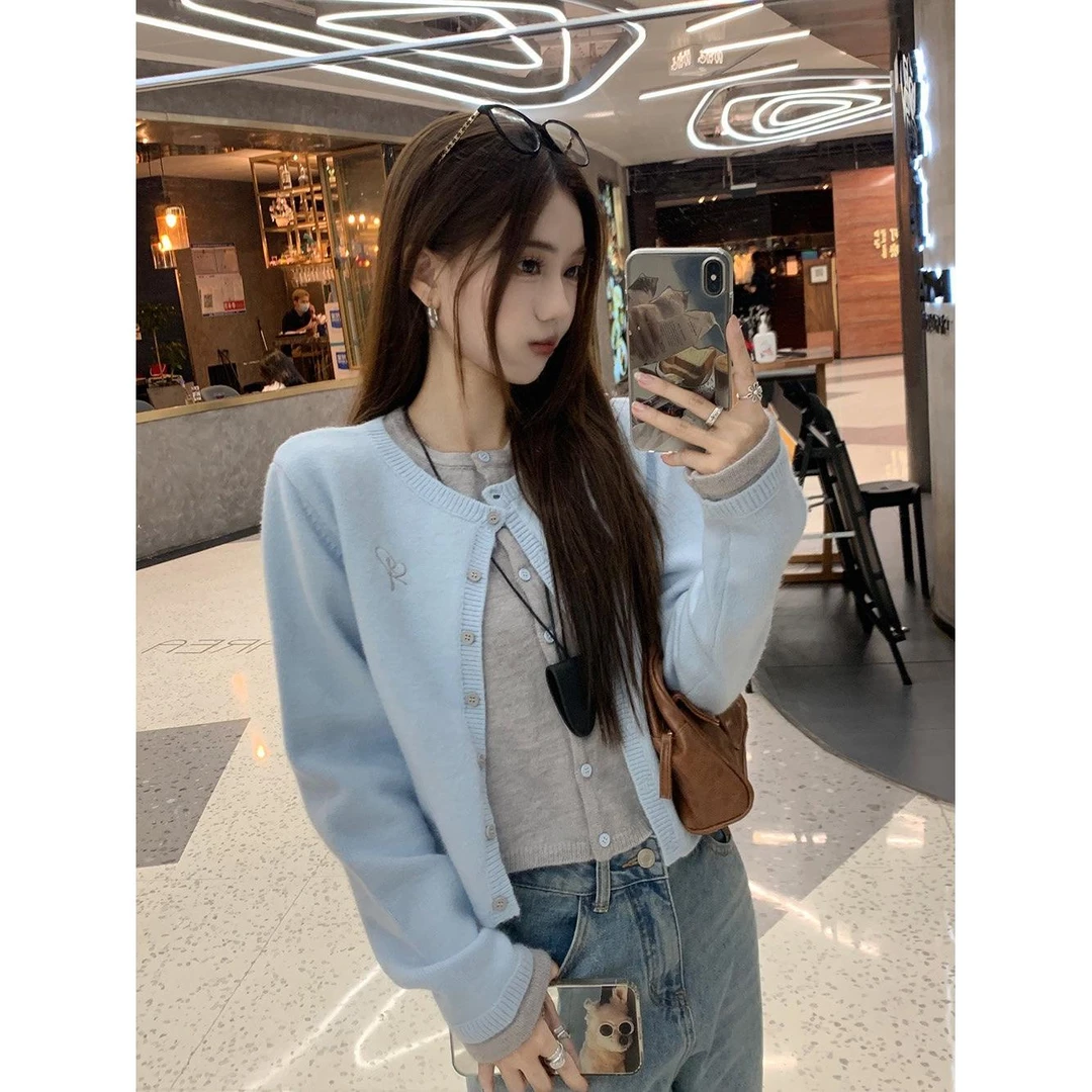 假两件撞色设计感开衫毛衣女秋冬百搭宽松针织衫上衣