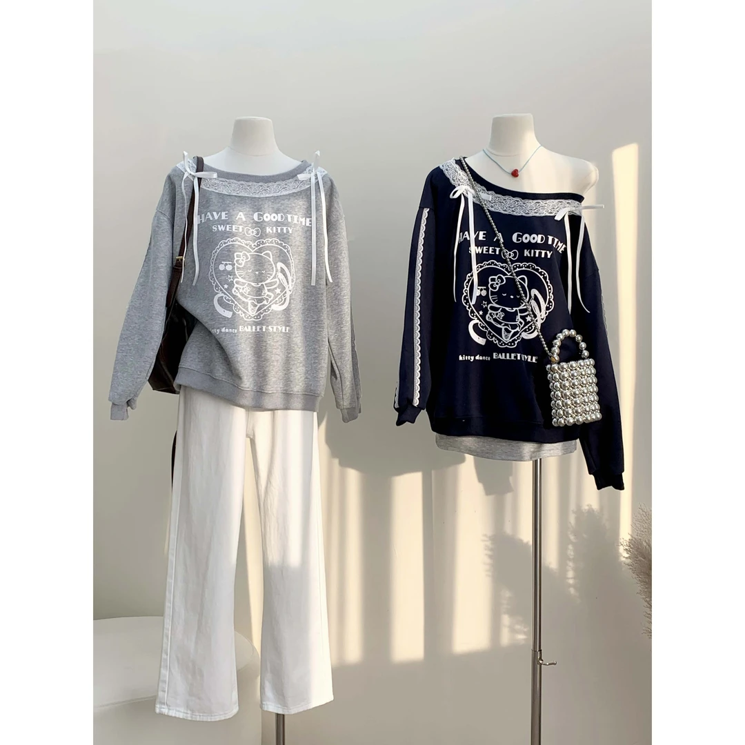 “蕾丝小猫”原创猫咪露肩卫衣长袖秋季韩系少女