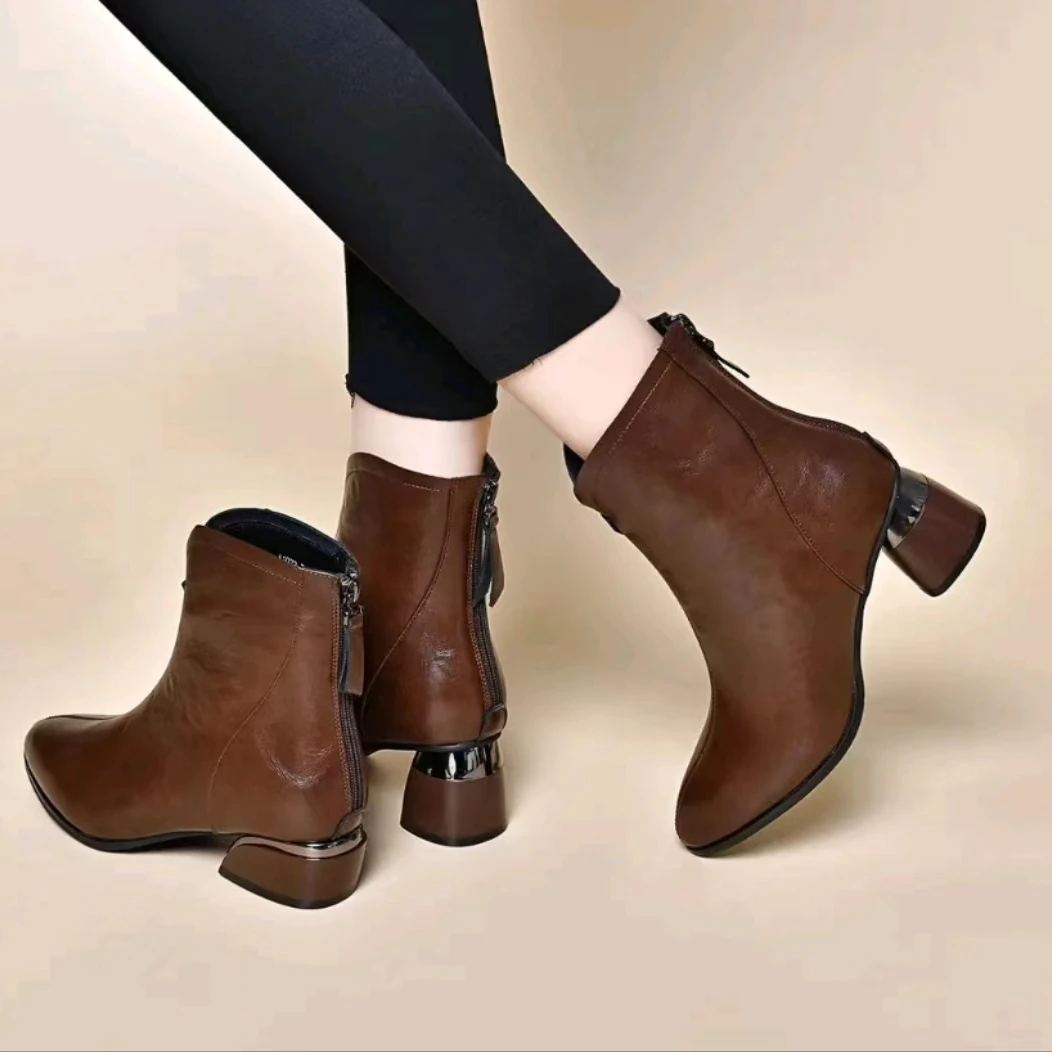 【奥艺】真皮羊皮爆款时尚软底软面尖头百搭低跟高跟小裸靴短靴606