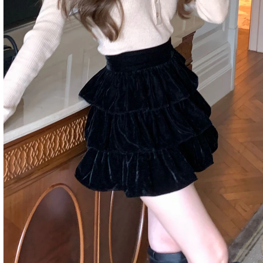 E  林子熙 满分心动 丝绒层层蛋糕裙半身裙百搭黑色半裙