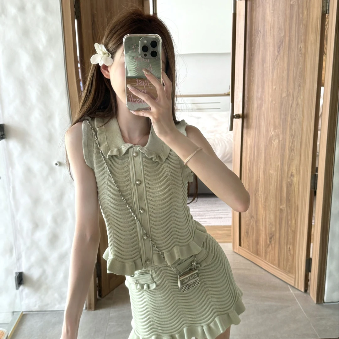 清 COOLLINE林子熙【无糖薄荷Milk tea】薄荷绿冰丝气质针织套装