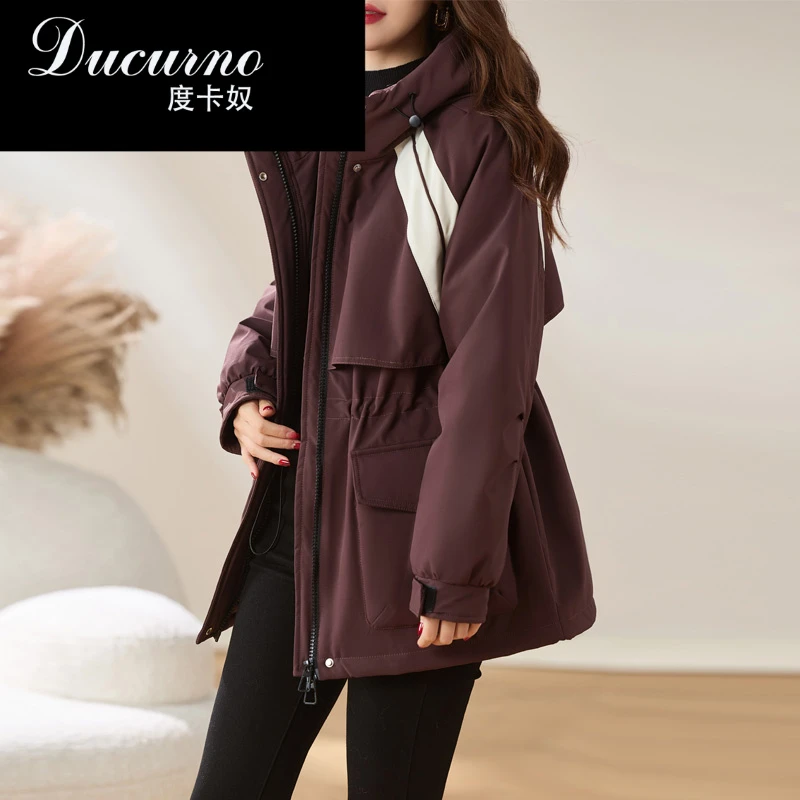 超好看拼色派克羽绒服女2025冬季新款中长加厚白鸭绒连帽收腰外套