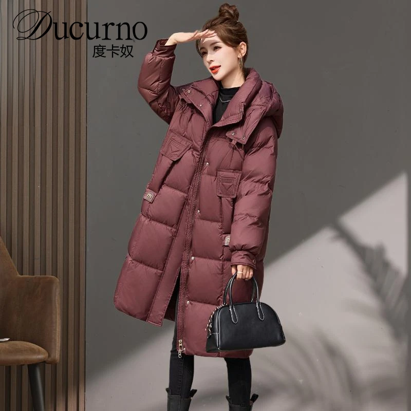DUCURNO韩系黑色羽绒服保暖冬过膝长款羽绒服女冬季2025新款大码
