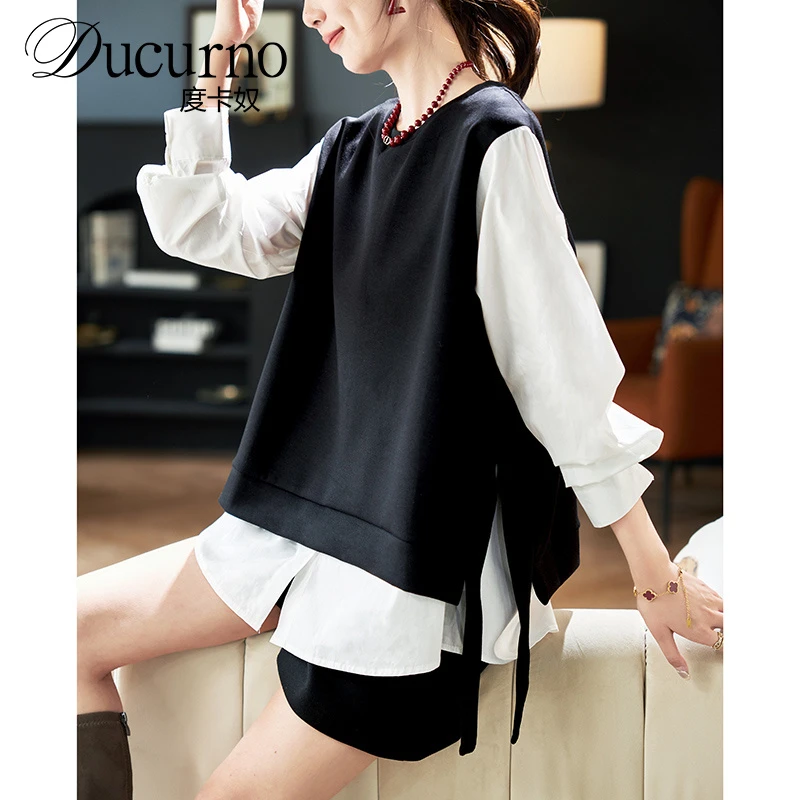 DUCURNO假两件拼接宽松衬衫女2025秋季韩系洋气慵懒小个子穿搭
