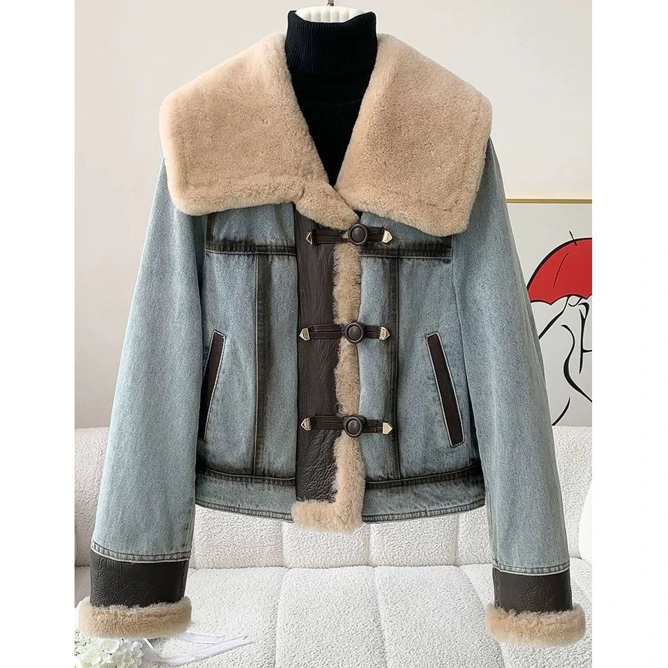2024冬季新款羊羔毛牛仔皮毛一体外套女休闲高端年轻大衣派克服