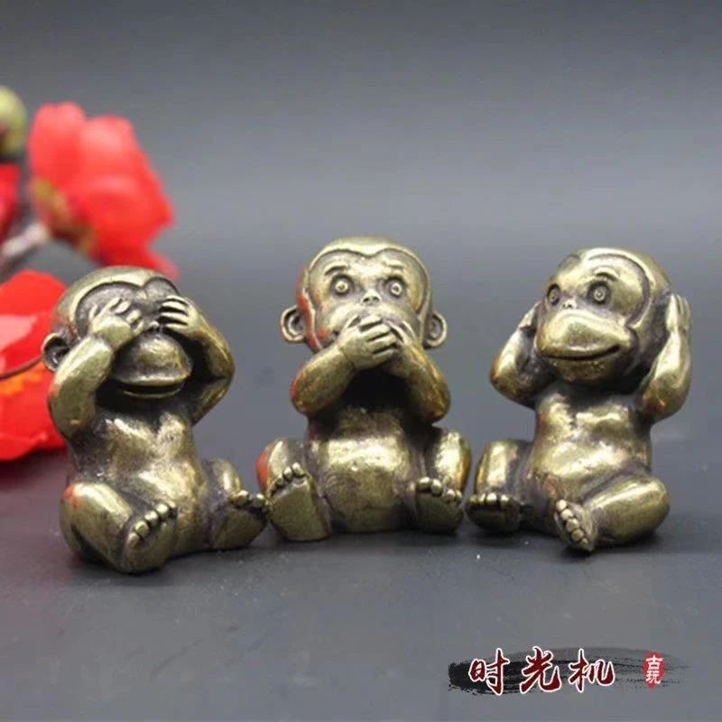 实心黄铜三不猴不听不看不说摆件中式茶宠饰品办公家居装饰工艺品
