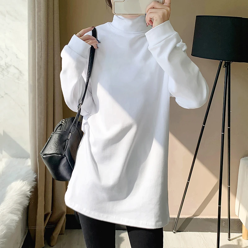 纯棉磨毛半高领打底衫女内搭秋冬长袖t恤欧货宽松加厚加绒上衣