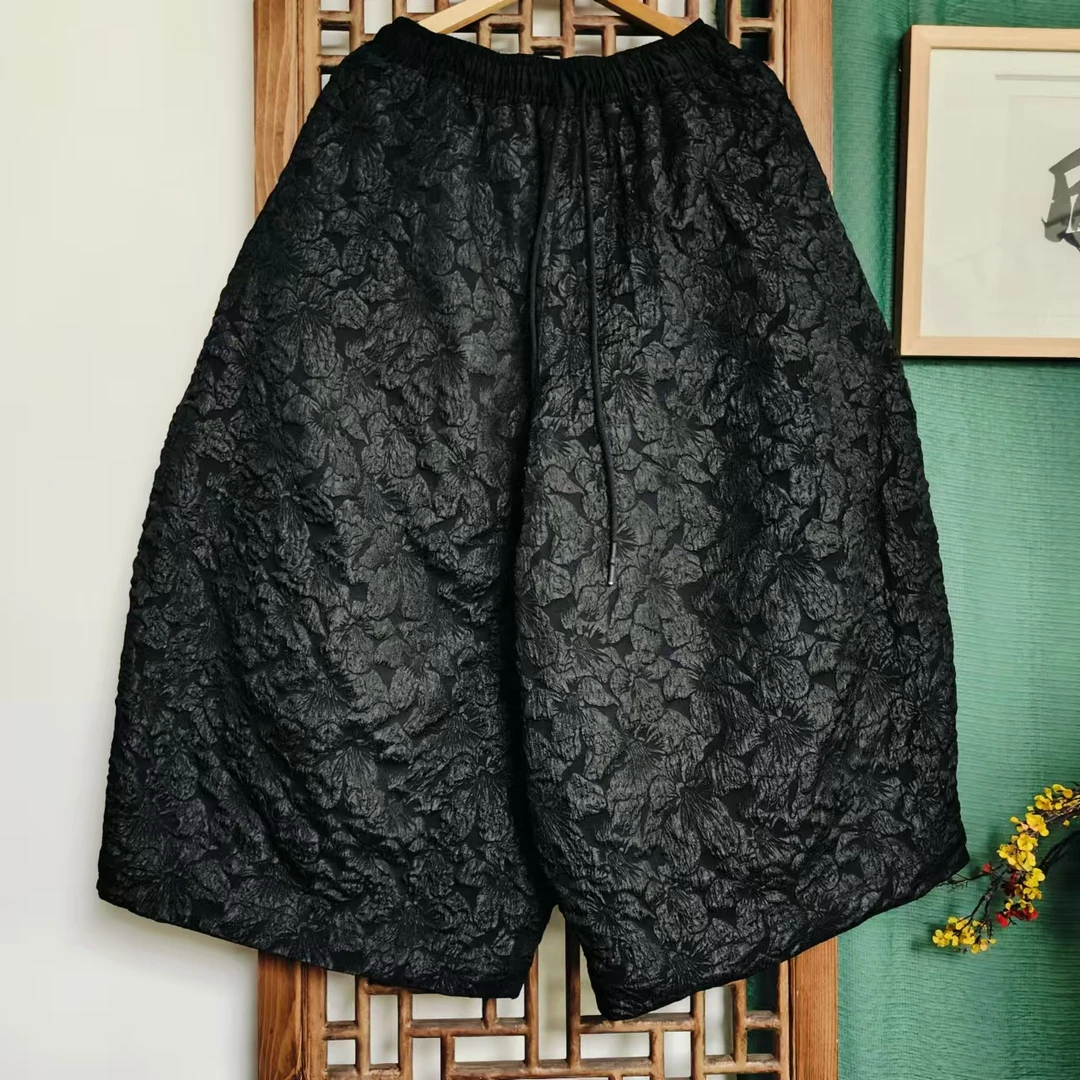 凤徕兮私人定制黑色立体提花全松紧花苞棉裤（SMK4117）棉
