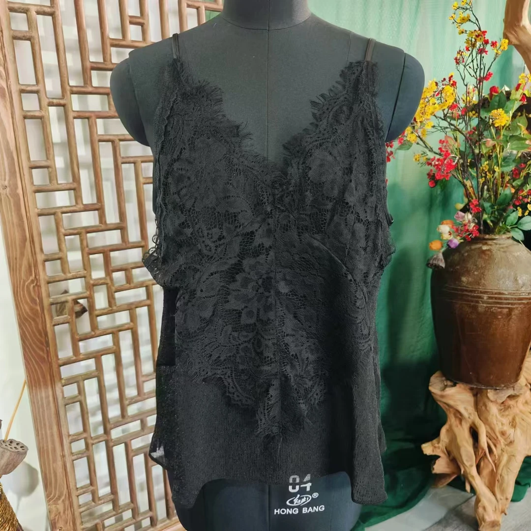 凤徕兮私人定制黑色蕾丝轻薄花边吊带上衣 （SD4903）纱