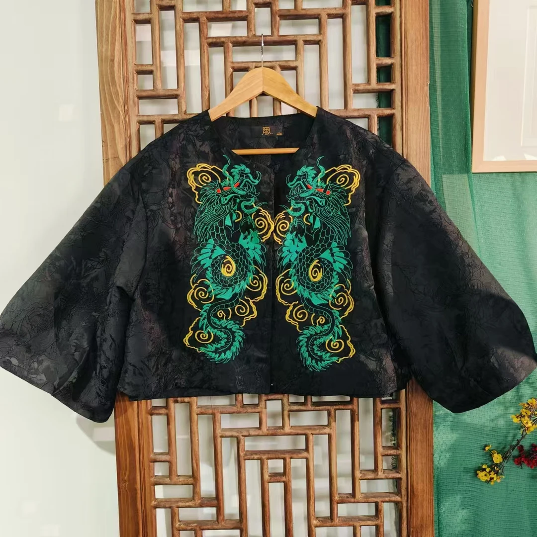 凤徕兮私人定制黑底绿龙刺绣对襟短外套 (LS057-5)