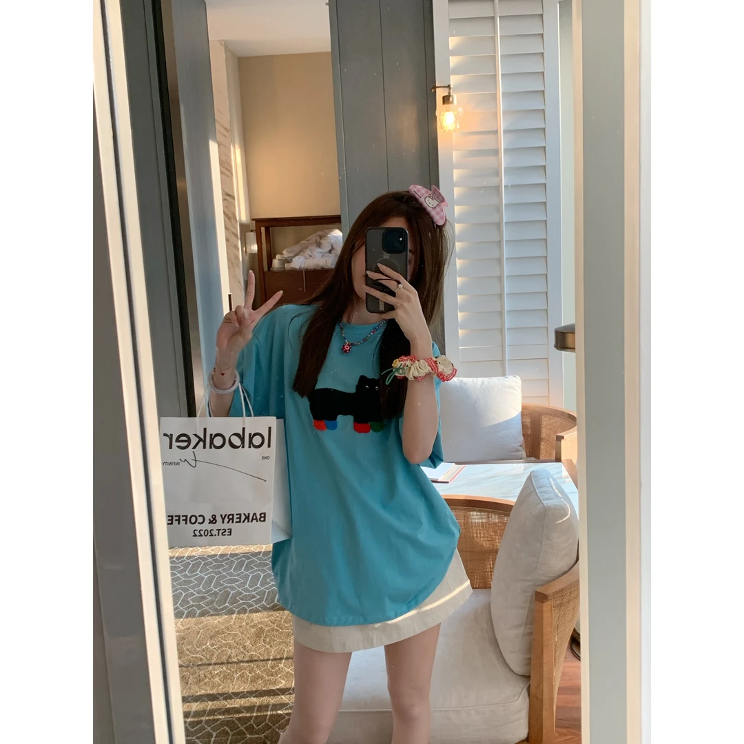 【毛巾小猫】黑色毛毛夏季宽松T恤-Y288