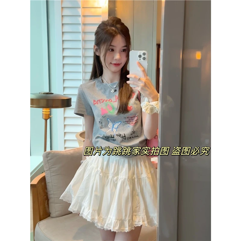 【樱桃蝴蝶结】夏季印花小众涂鸦英文樱桃蝴蝶结短袖-Y207