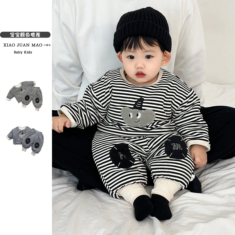 T24D65新款冬款衣服男女宝小象条纹加厚加绒套装两件套可爱外出服