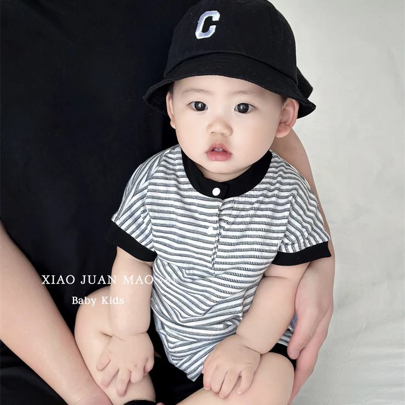 T24X01夏款韩版新生短袖简单条纹短裤套装外出服男女宝宝洋气婴童