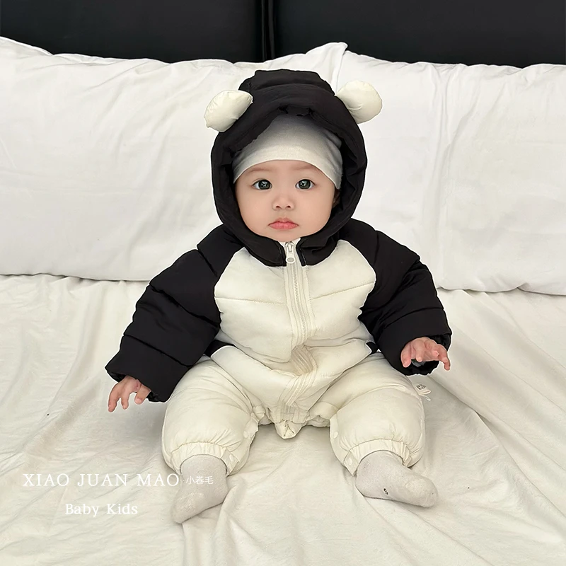 T24D87新秋冬韩系洋气百搭男女宝小耳朵连帽爬服保暖连体衣外出服