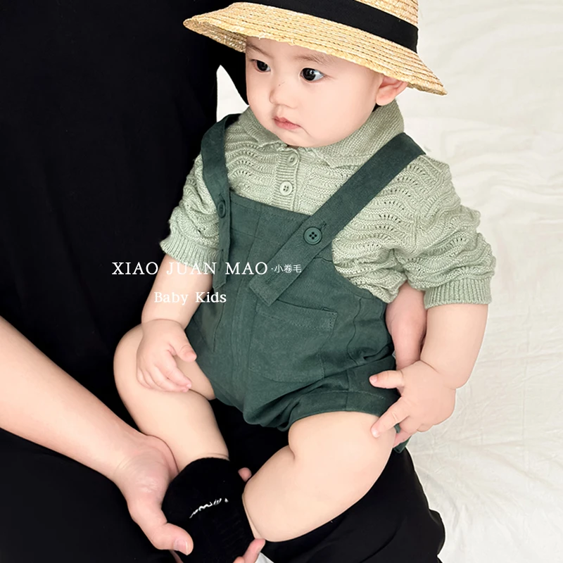 T24X27  韩版新款男女宝宽松洋气连体衣婴幼儿绿色背带短裤外出服