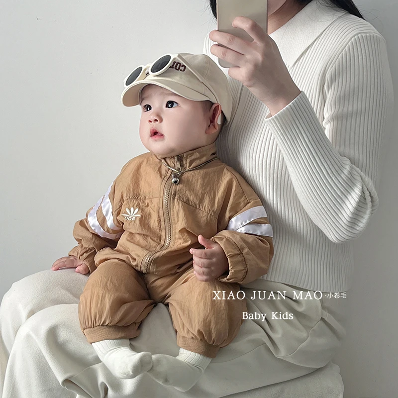 T23Q03秋季韩版儿童运动休闲宝宝拼接拼色婴儿男童立领拉链连体裤