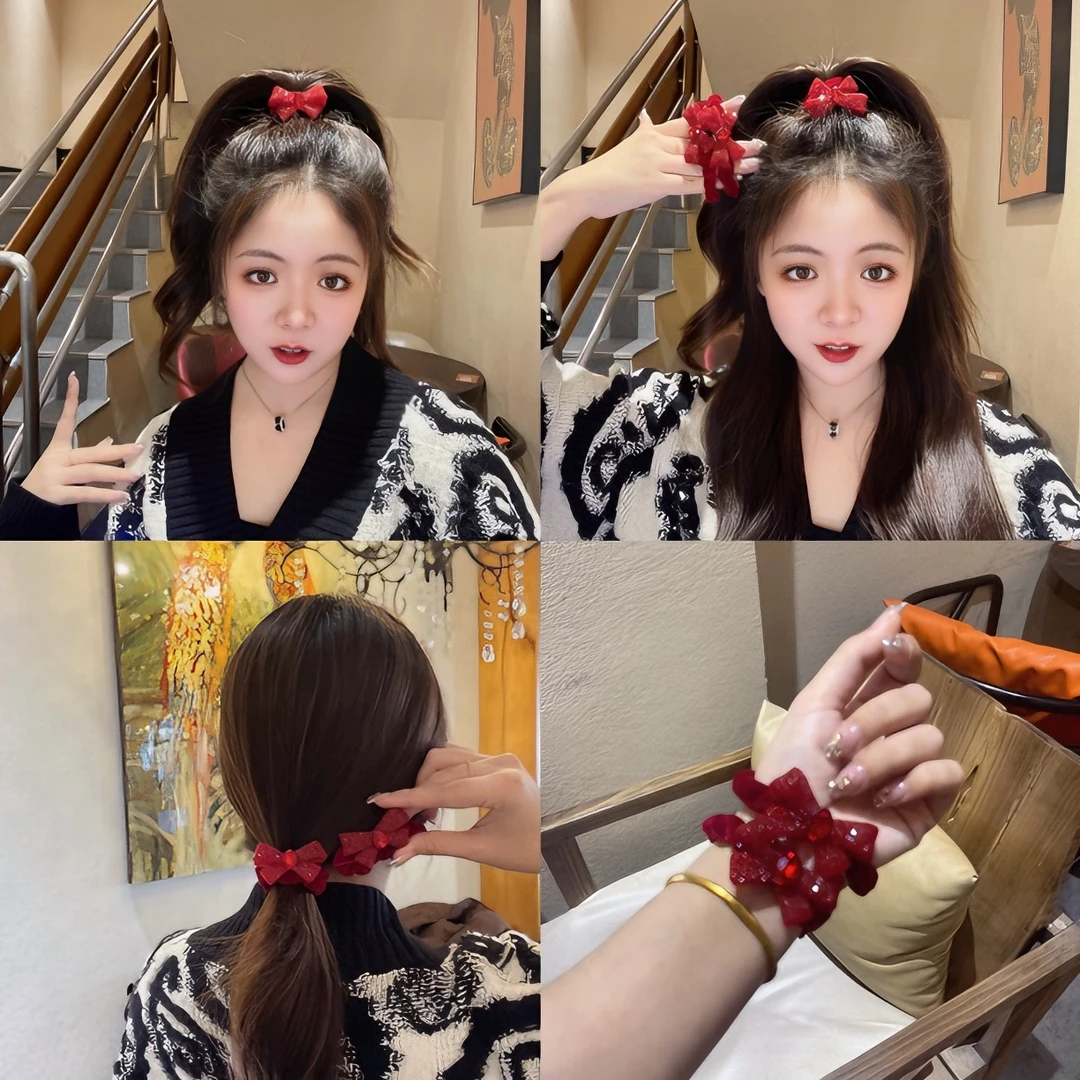 【新年快乐】2条装新款红色蝴蝶结本命年高弹力轻奢发圈秋冬百搭