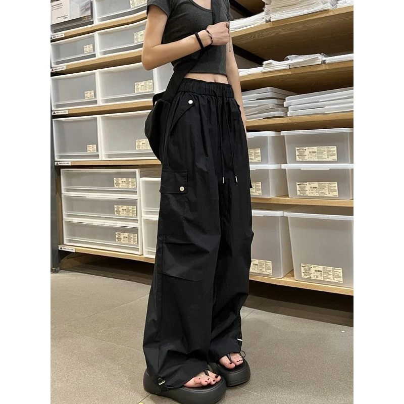 黑色速干工装裤女款2025新款夏季薄款小个子美式登山伞兵裤阔腿裤