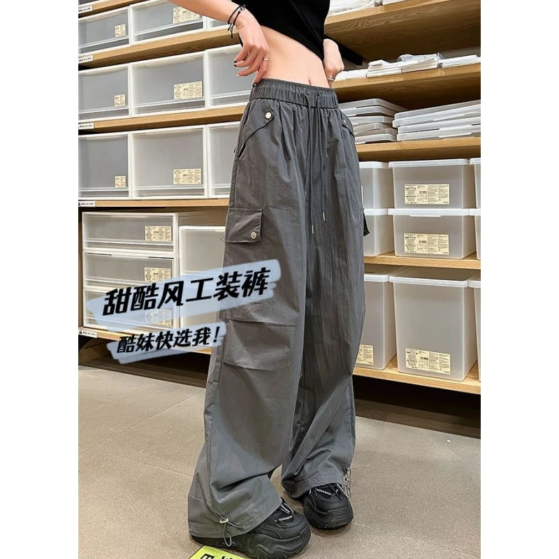 灰色速干工装裤女夏季2025新款女款小个子美式休闲阔腿军旅伞兵裤