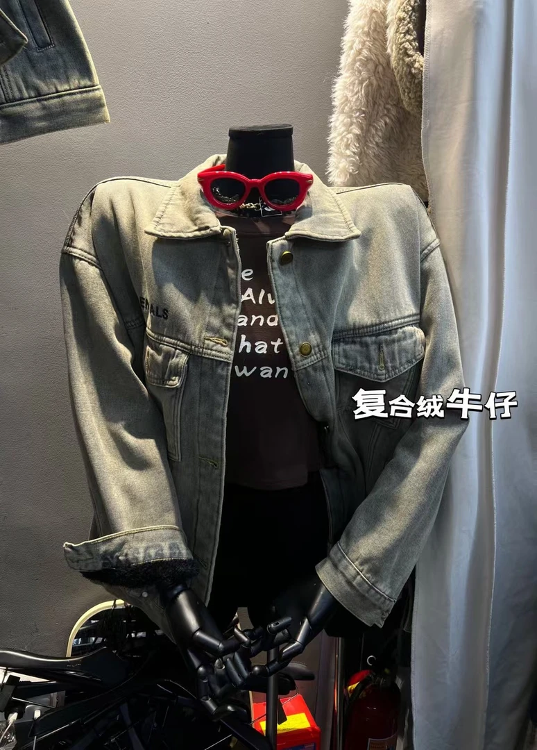 复古做旧牛仔外套潮流宽松夹克冬款加绒情侣工装