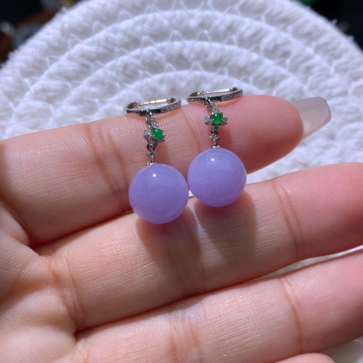 翡翠耳饰18K金镶嵌红粉紫圆珠耳坠