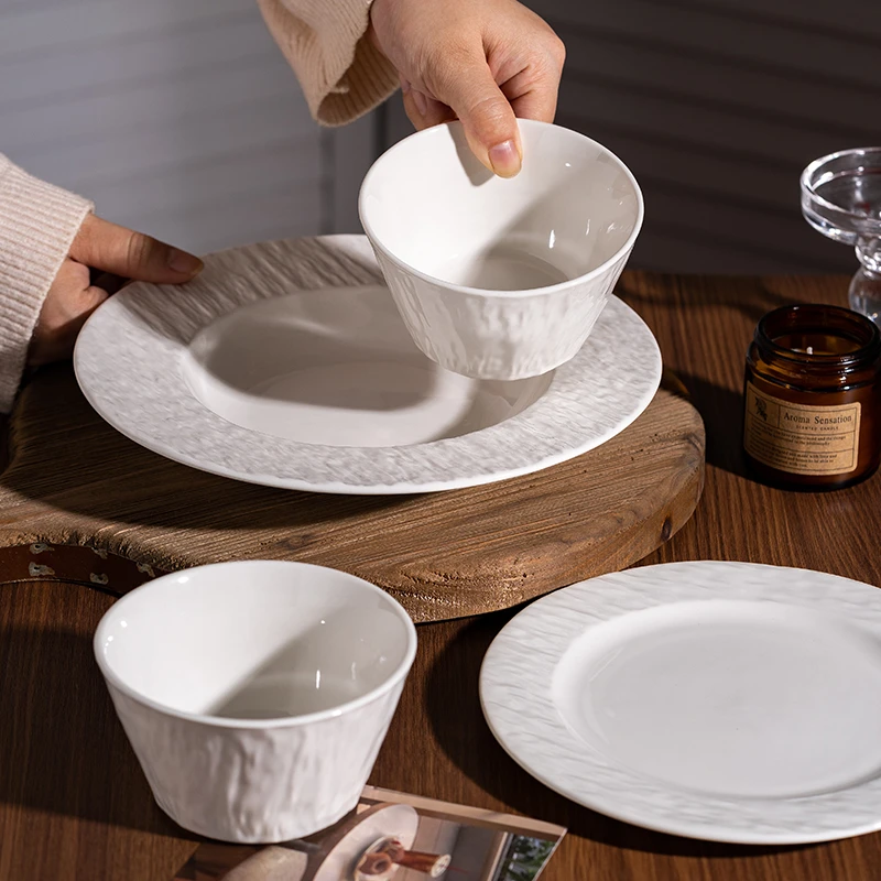 法式石纹家用碗盘套装陶瓷白色石纹高级感简约西餐碗盘组合