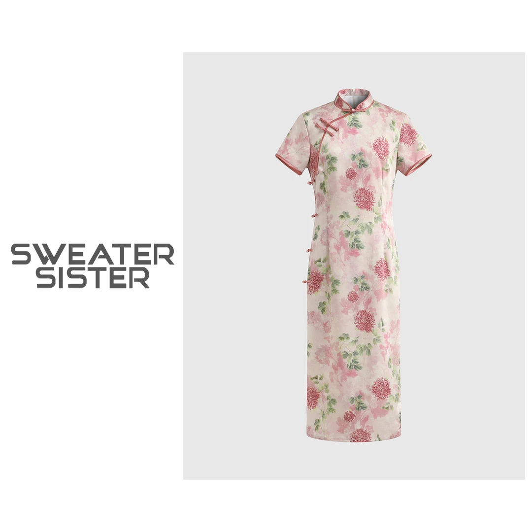 607-1212复古印花立领斜襟旗袍连衣裙女