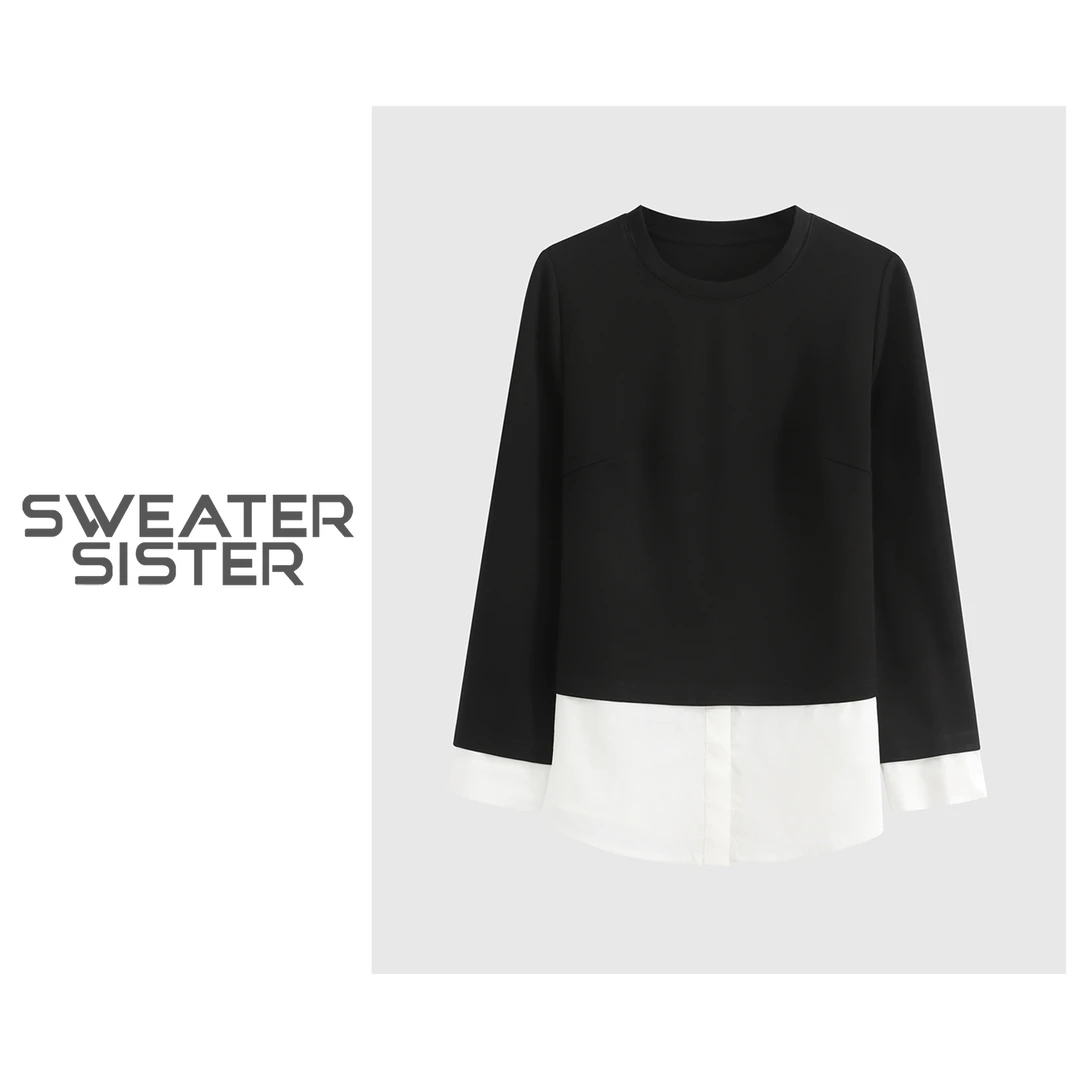 毛衣姐姐秋季新款圆领拼接假两件休闲显瘦卫衣上衣女068-2412