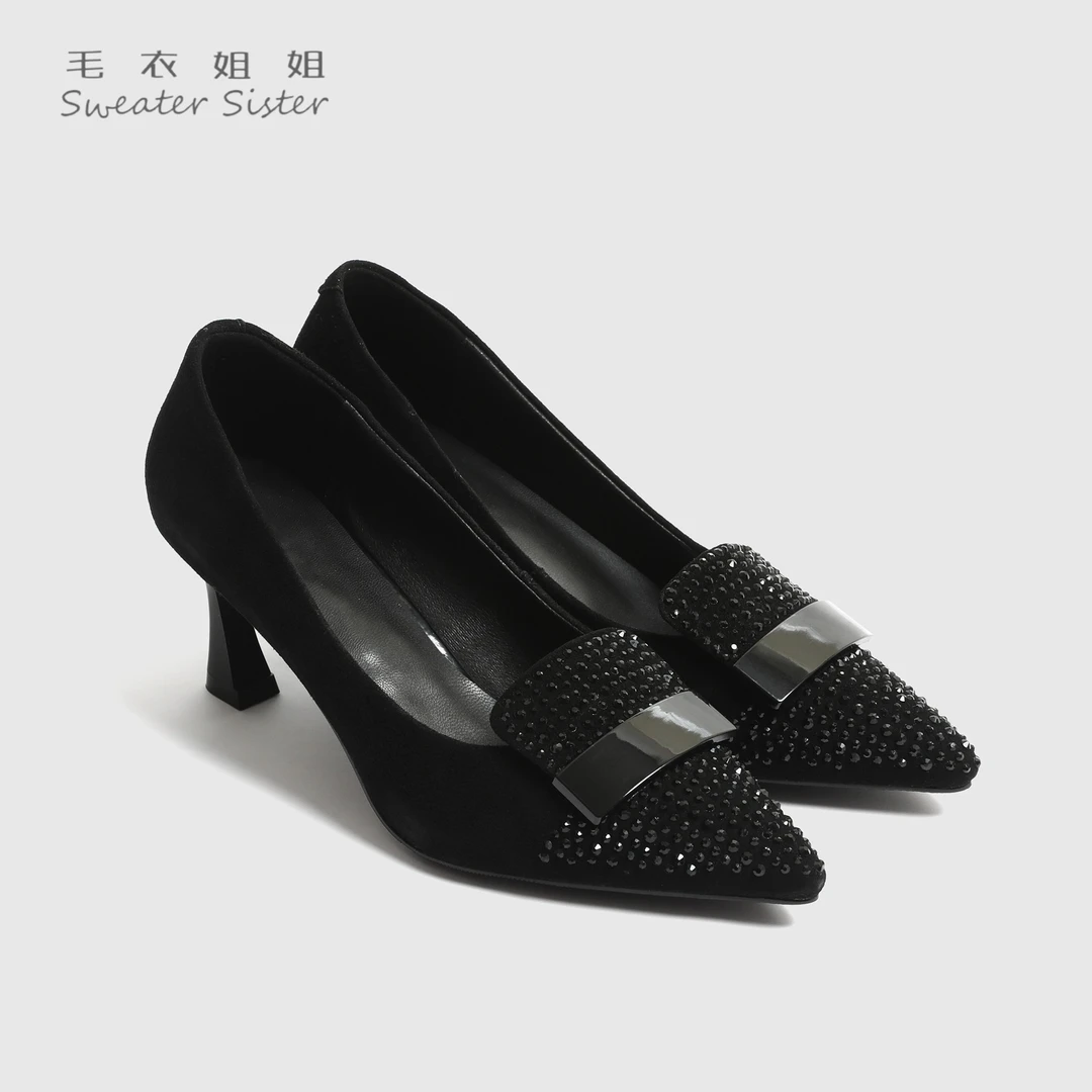 23016新款烫钻高跟尖头单鞋女