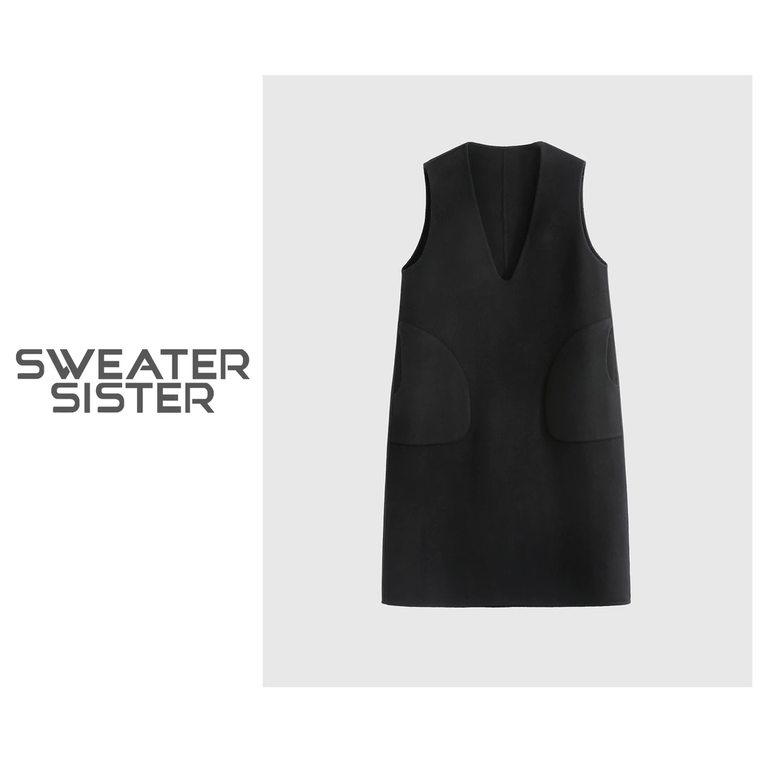 毛衣姐姐洋气叠穿双面毛呢过膝长款马甲背心连衣裙女068-23858