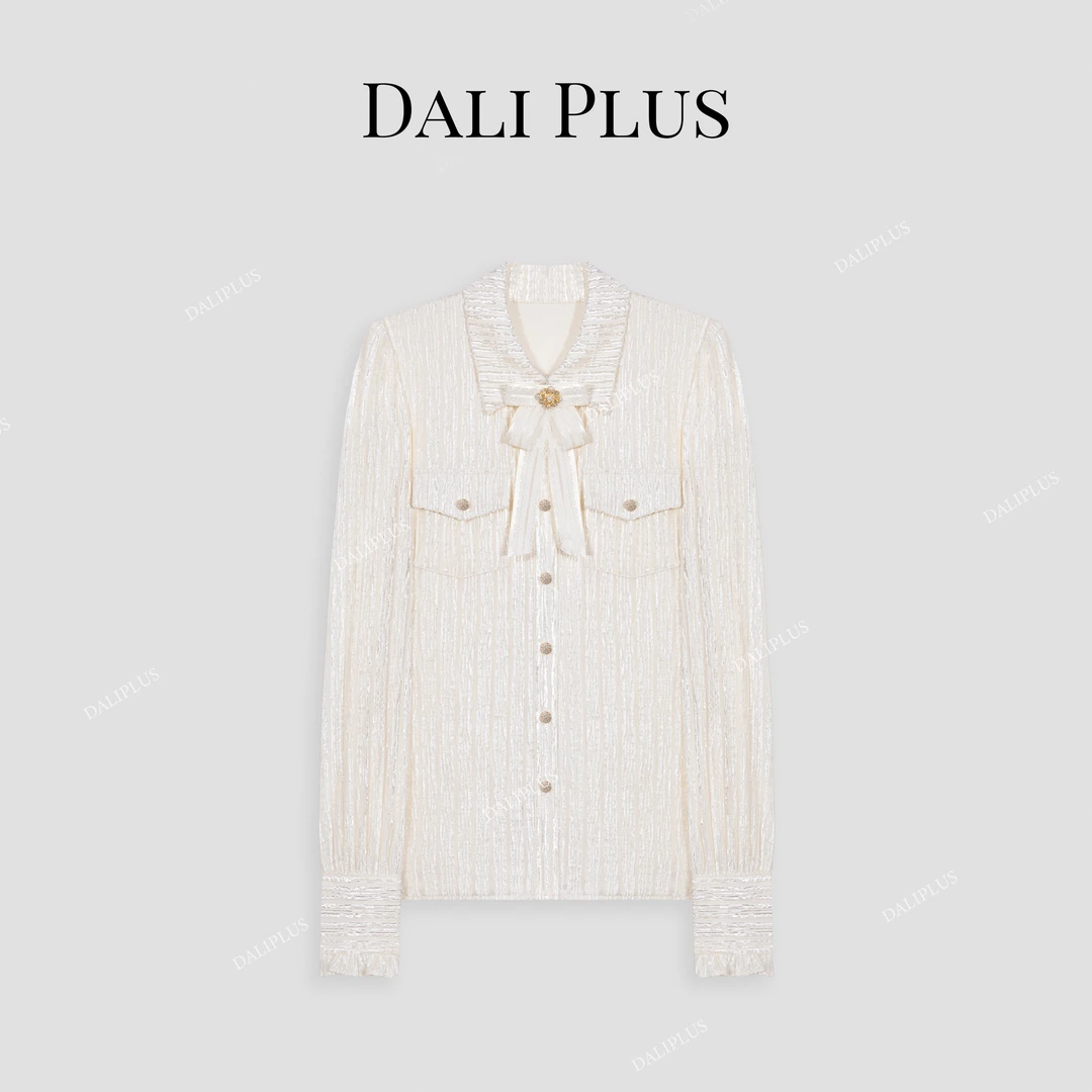 DALI PLUS双层加绒法式精美白金丝绒浮光蝴蝶结长袖衬衫-D4XY0294