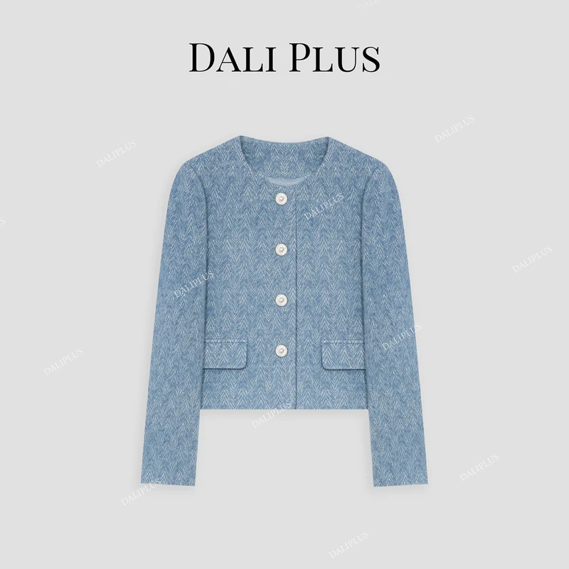 DALI PLUS【苏力羊驼毛+马海毛】天蓝色人字纹毛呢外套-D4CH0053