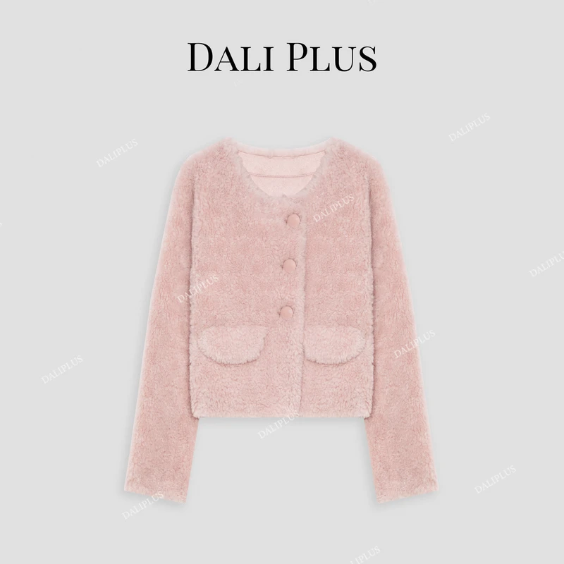 DALI PLUS100%绵羊毛樱花粉颗粒毛圆领双排扣设计短外套-D4SC0018