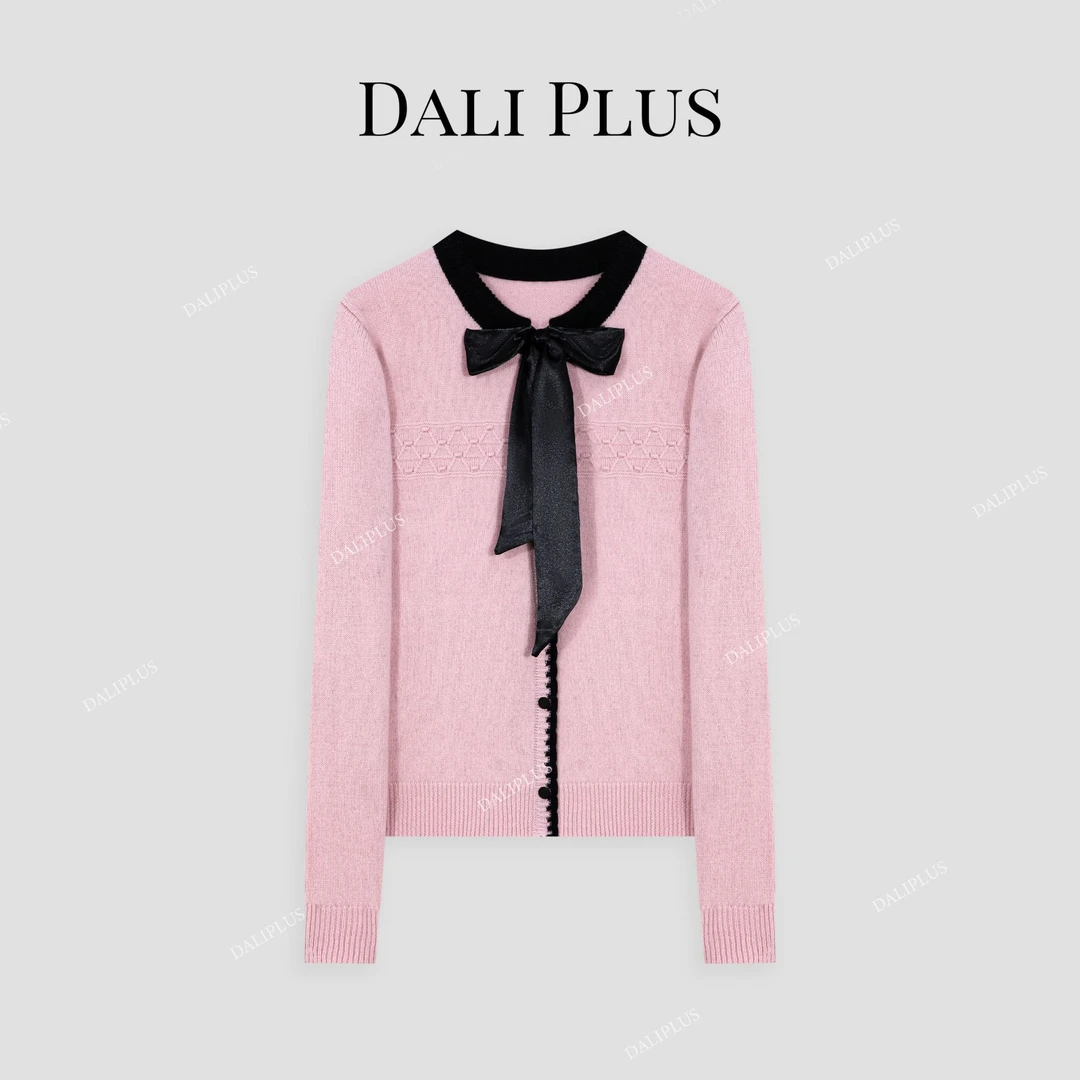 DALI PLUS100%羊毛法式优雅系带巨显白撞色针织开衫-D4YW0288