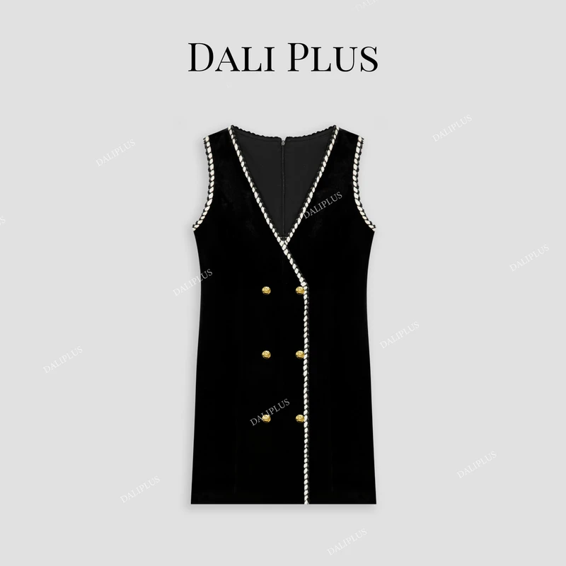 DALI PLUS高级轻奢撞色编织带双排扣背心无袖马甲连衣裙-D4SS0223