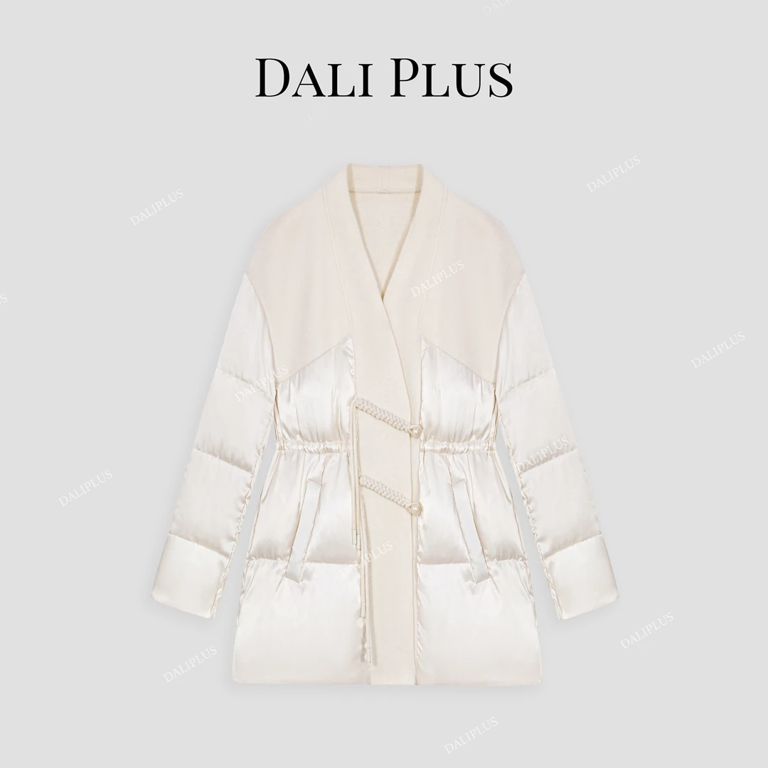 DALI PLUS【桑蚕丝+100%绵羊毛】国风双面呢拼接短款鹅绒服D4CH0172